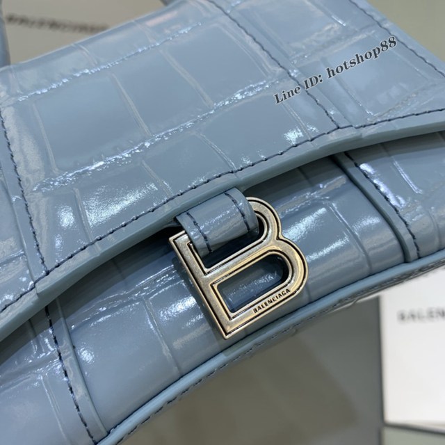 Balenciaga專櫃爆款mini Hourglass沙漏包 巴黎世家鱷魚紋霧霾藍超迷你號手提肩背女包 fyj1547